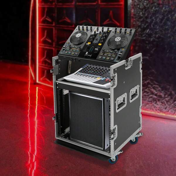 CNCEST 10U PA DJ Rack/Road Case, AV Rack Case With Wheels, DJ Work Table And Casters, Slant Mixer Top With Spring Handle For Storing Electronic Equipment Such As Amplifiers, Mixers, Microphones, Sequencers Etc