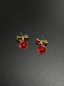 1 Pair Bow & Heart Design Stud Earrings For Women, Unique Small Earring Jewelry - Red - View 4