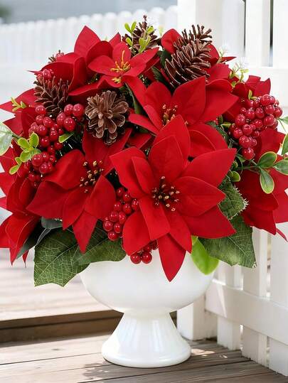 1 Bouquet Poinsettia Artificial Poinsettia Flowers, 7 Heads Red Christmas Flowers, Fake Shrub Poinsettia Flowers For Home Christmas Tree Table Places Wedding Decoration Home Decor,Christmas