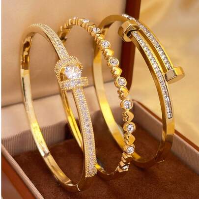 3件套18K镀金不锈钢优雅闪亮锆石女士手链，适合日常佩戴、派对配饰、生日和周年纪念礼物、万圣节、圣诞节、感恩节、波西米亚风珠宝、夏季珠宝、母亲节礼物、婚礼和生日礼物