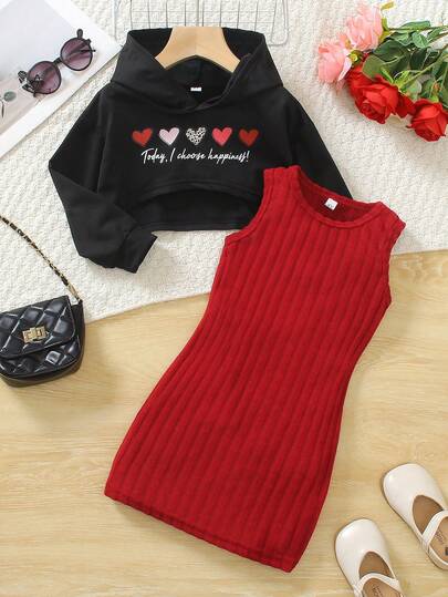 Set de 2 piezas de sudadera con capucha y vestido de felpa marrón para niñas, con diseño de estampado de corazón y letras, adecuado para ocasiones importantes, fotografía de viaje, reuniones familiares, eventos escolares, banquetes o fiestas (2-7 años)