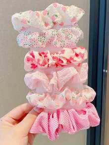 Cute 6pcs Floral Print Scrunchie,Pink Accessories Hair Ties Ponytail Holders Hair Elastics Hair Rubber Bands Scrunchies Hair Rope Elastic Hair Tie, Hair Bobbles ,Head Piece - Hồng - Xem 5
