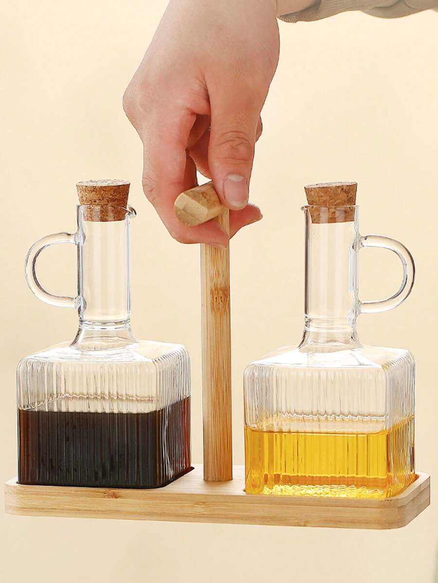 1/3 piezas Botella de vidrio transparente de 350ml con tapa, asa, resistente al calor, recipiente para salsa de soja/vinagre, frasco para condimentos de picnic, utensilios de cocina - Multicolor - Ver 1