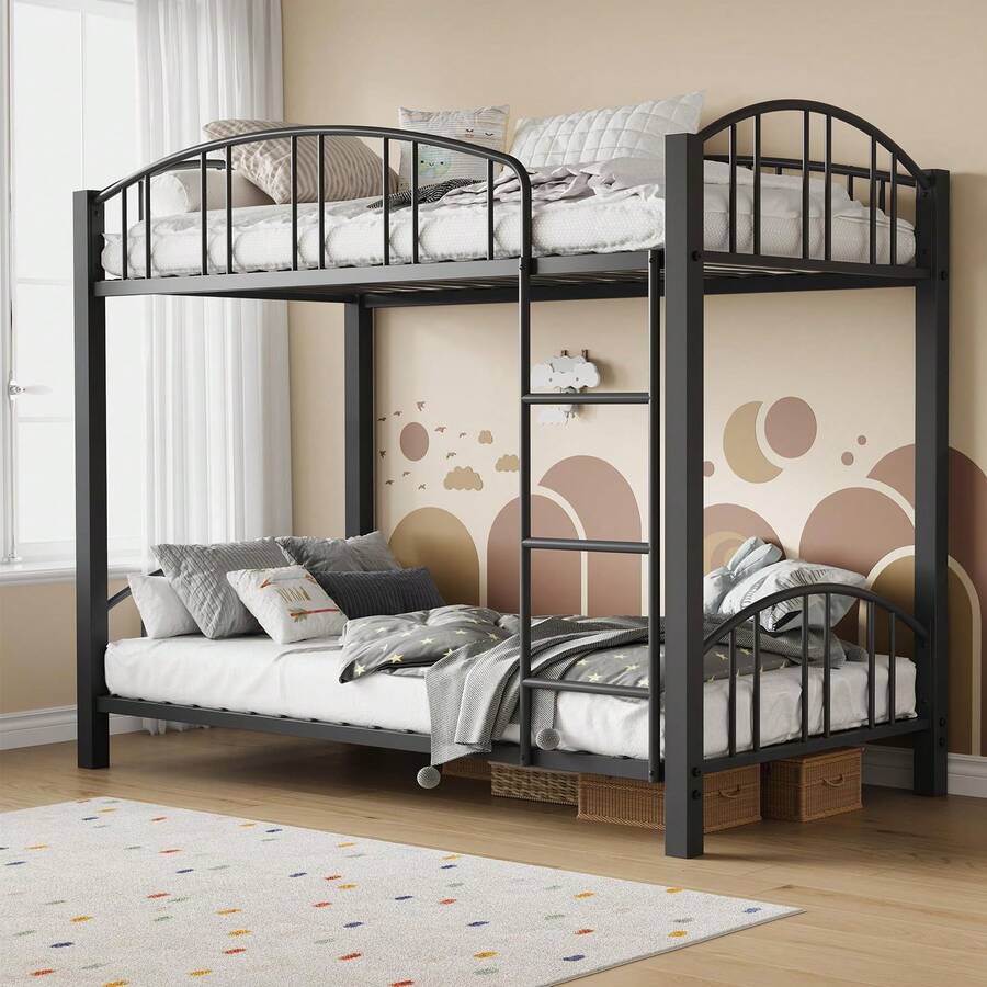 Metal Twin Bunk Bed, Heavy Duty Bunkbeds Frame With Arched Guardrail And Safety Ladder, Space-Saving Sturdy Bed For Kids Boys Girls, No Box Spring Needed - màu đen - Xem 1