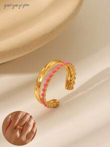 1pc Minimalist Stainless Steel 18K Plated Colorful Double Layer Open Ring For Women, Suitable For Daily, Festival, Wedding, Birthday Party Decoration, Jewelry Gift For Friends - Rose Red Dots - View 13