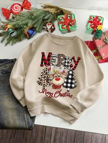 Christmas Outfit Womenhair Accessories For WomenChristmas Cartoon Print Fleece Sweatshirt,Long Sleeve Tops Pullover Fall FitLoose And Comfortablechristmaswoman Winter Clothes - 杏色 - 查看 10