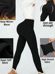 女士保暖内衬紧身裤，纯色高腰保暖修身裤，保暖防起球，适合瑜伽、健身、跑步，长款针织面料，涤纶和氨纶混纺，运动休闲风格，节日礼物，冬季必备 - 黑色 - 查看 2