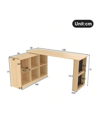 140 104 75cm Multifunctional Office Table, Six Compartment Storage Cabinet Shelf, Wide Thick Desktop, Per ated Board Super Load Bearing, Changeable Shape, Natural view 3