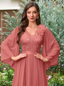 MIUSOL 亮片花卉蕾丝心形领口长袖褶皱下摆雪纺晚礼服，优雅女士派对礼服，正式晚礼服，情人节婚礼春季礼服 - 藕粉色 - 查看 9