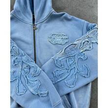 Men's And Women's European And American Ins Autumn And Winter High Street Zipper Hooded Patch Embroidered  Cardigan Sweater - 天藍色 - 查看 5