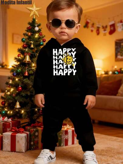 KID008|Navidad|2025Conjunto con capucha para niños|Conjunto de ropa infantil para ocasión navideña con estampado "HAPPY HAPPY HAPPY" y emoticono, perfecto para dar un toque de felicidad a tu bebé durante las festividades