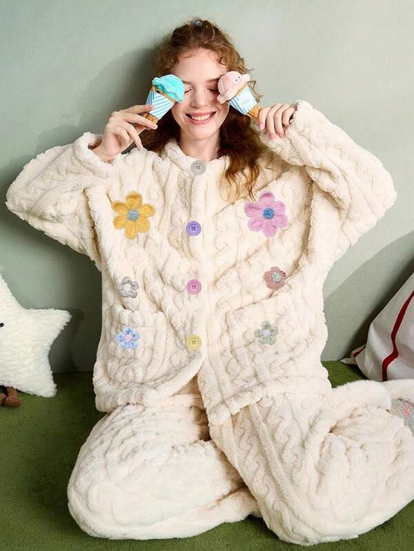 2pcs Women's Warm Flannel Long Sleeve Fluffy Pajama Set With Cute Star Embroidery, Button Front, Pockets, Thick Lining, Suitable For Autumn And Winter, Fall Clothes