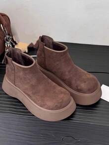 Women's Round Toe Thick Sole Anti-Slip Patent Leather Boots, Minimalist Fashion Gothic Style Front Zipper Ankle Boots, Suitable For Campus, Commute, Work Outfit In Autumn/Winter - Coffee Brown Plus Velvet - View 2