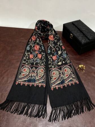 1 pieza Bufanda bordada con flores, bufanda de invierno cálida y clásica, elegante chal de flecos de cachemir sintético