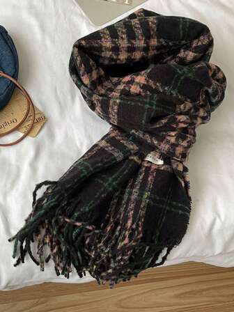 Women's Winter Rainbow Plaid Thick Striped Scarf, Versatile Faux Cashmere Warm Shawl