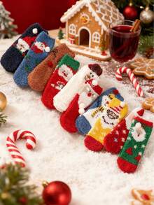 Random 3 Pairs Of Children's Socks Winter Coral Velvet Socks Cute Cartoon Christmas Socks For Girls Half Velvet Thickened Warm Home Sleeping Socks Three-Dimensional Ear Plush Ball, Cute And Fun