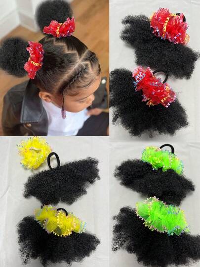 2 SET/PACK Kids Hair Buns Kids Afro Puff Soft Hair Marley Kinky Bulk For Hair Girl With Elastic