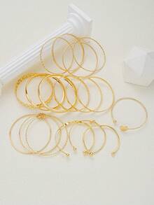 15pcs/Set Fashionable, Elegant, Delicate, Vintage, Geometric, Knot, Beaded, Multi-Layer, Braided, Textured, Smooth, Minimalist, Metal Bangle Bracelet Set, Suitable For Holiday, Party, Date, Gift, Daily Wear - Yellow Gold - View 4