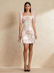 Amyenjoylife Modern Filipino Traditional Dress, Elegant Butterfly Sleeve Filipino Traditional Dress, Women's Romantic Jacquard Puff Sleeve Short Sleeve Dress, Pink Dress - Pink - View 3