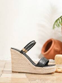 Women's Spring/Summer New Beach Vacation Casual Fashion Non-Slip Comfortable Round Toe High Heel Wedge Rope Thick Bottom Sandals - Black - View 5