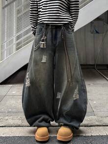 1件男士日系破洞拼接阔腿牛仔裤，复古做旧休闲宽松牛仔裤（不含腰带和配饰） - 藍色 - 查看 1