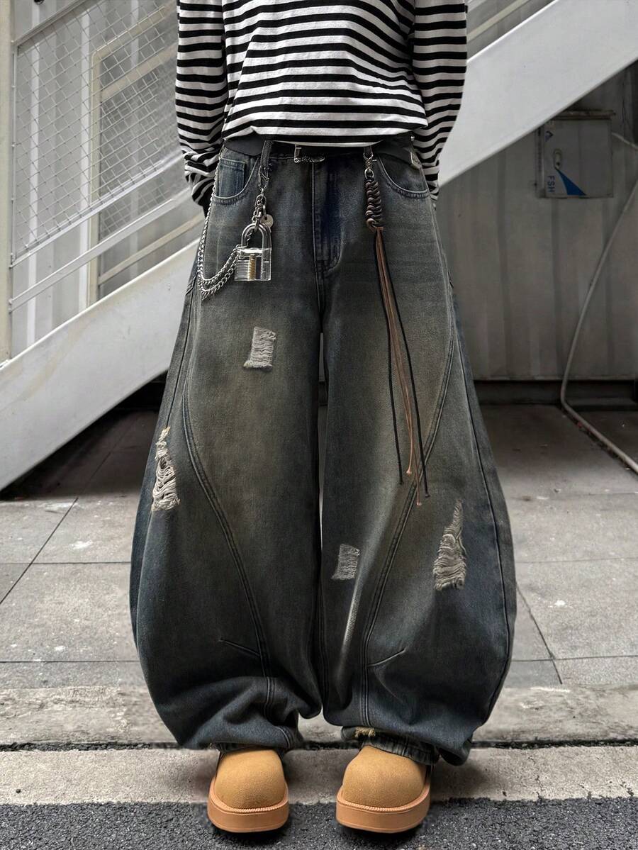 1件男士日系破洞拼接阔腿牛仔裤，复古做旧休闲宽松牛仔裤（不含腰带和配饰） - 藍色 - 查看 1