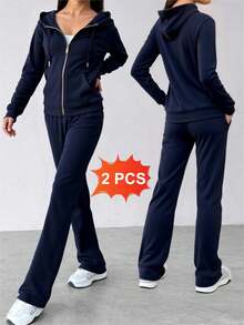 Conjunto de sudadera con capucha y cremallera para mujer -pantalones de pierna ancha, estilo casual y moderno, ideal para múltiples ocasiones. Tela suave y transpirable, diseño con detalles en negro y oro, - Zafiro 1 - Ver 1