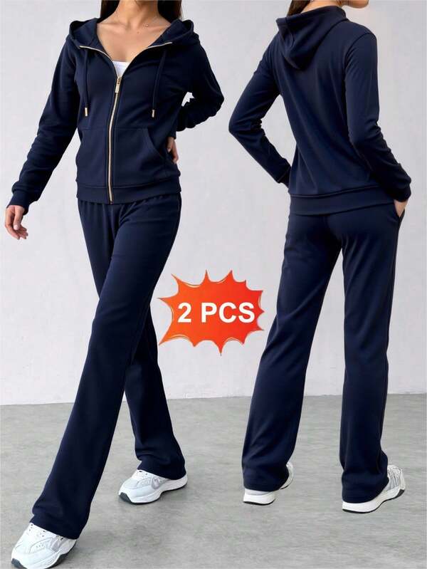 Conjunto de sudadera con capucha y cremallera para mujer -pantalones de pierna ancha, estilo casual y moderno, ideal para múltiples ocasiones. Tela suave y transpirable, diseño con detalles en negro y oro,