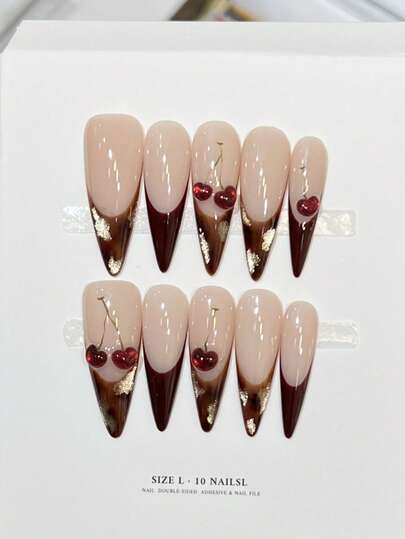 10pcs Handmade Nails Stiletto Nails Long Pointed Press On Nails Long, Elegant Nude Red,Brown Nails Gradient, Flashy Cateye Leopard Pattern, Red,Brown French Tip Nails, 3D Cherry Inlaid, Edgy Gentle Luxury Autumn Nails, Fall Press On Nails, Party Daily & Dating Use Beach Tropical Getaway Suitable,DIY False Nail Art Suitable For Women & Girls As Gift Nail Supplies