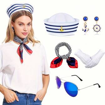 5件套女士航海服饰配饰，包括水手帽、太阳镜、手套、围巾、耳环，海军水手航海单品派对必备单品