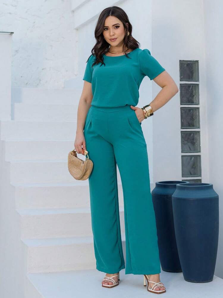 Women's Casual Set: Pants And Blouse With Princess Sleeves And Pockets - New Arrival - 水鴨藍 - 查看 4