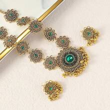 Bollywood Jewelry Sets Women Wedding Party Jewelry Flower Tassel Beaded Dangle Earring Oxidized Choker Necklace Gold-Tone Plated Zirconia Jhumkas Chandelier Earrings Boho Jewelry - 綠色 - 查看 3