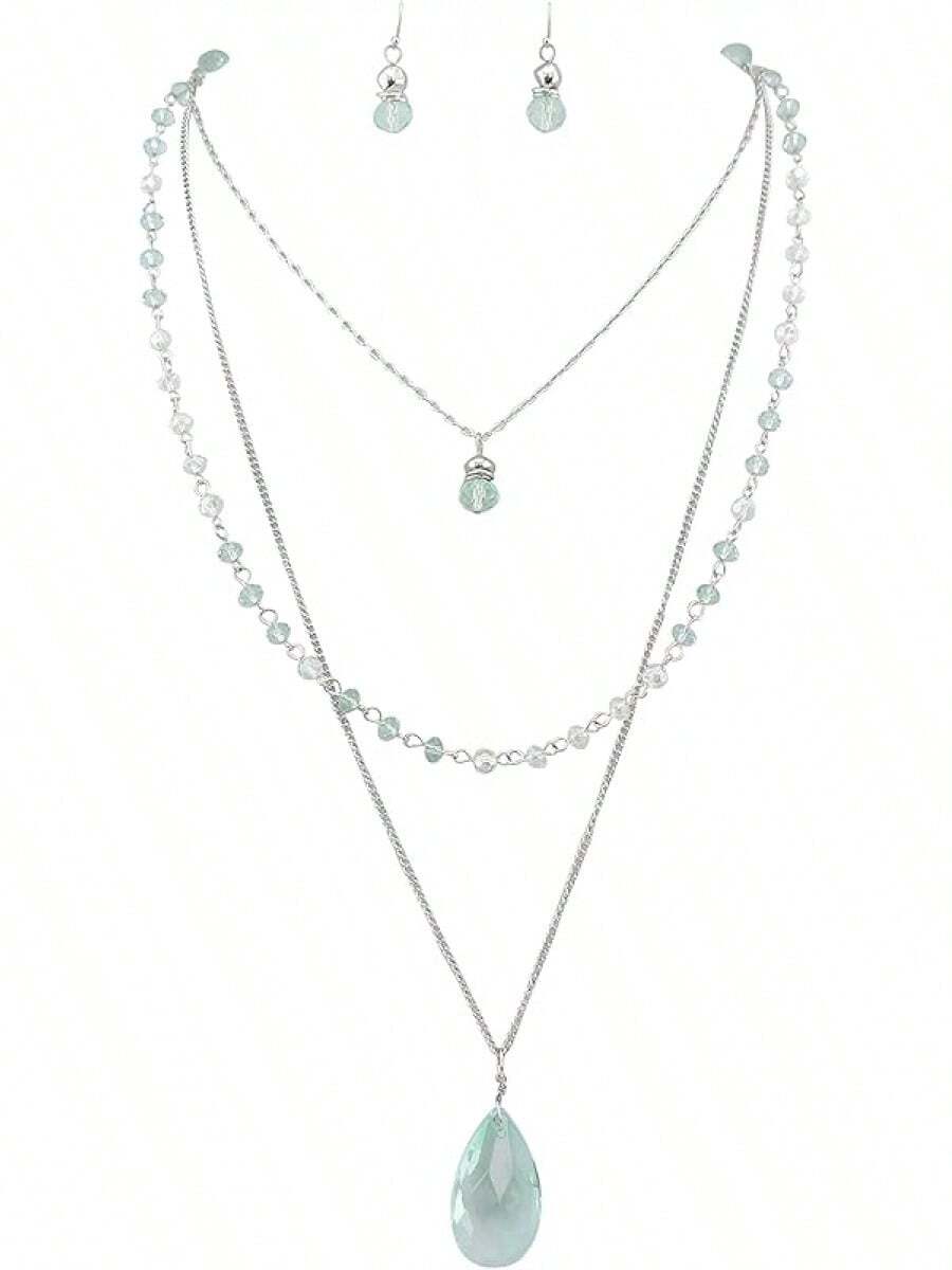 Bocar 3 Layer Jewelry Set Long Chain Pendant Bead Necklace Earring Women - Green - View 1