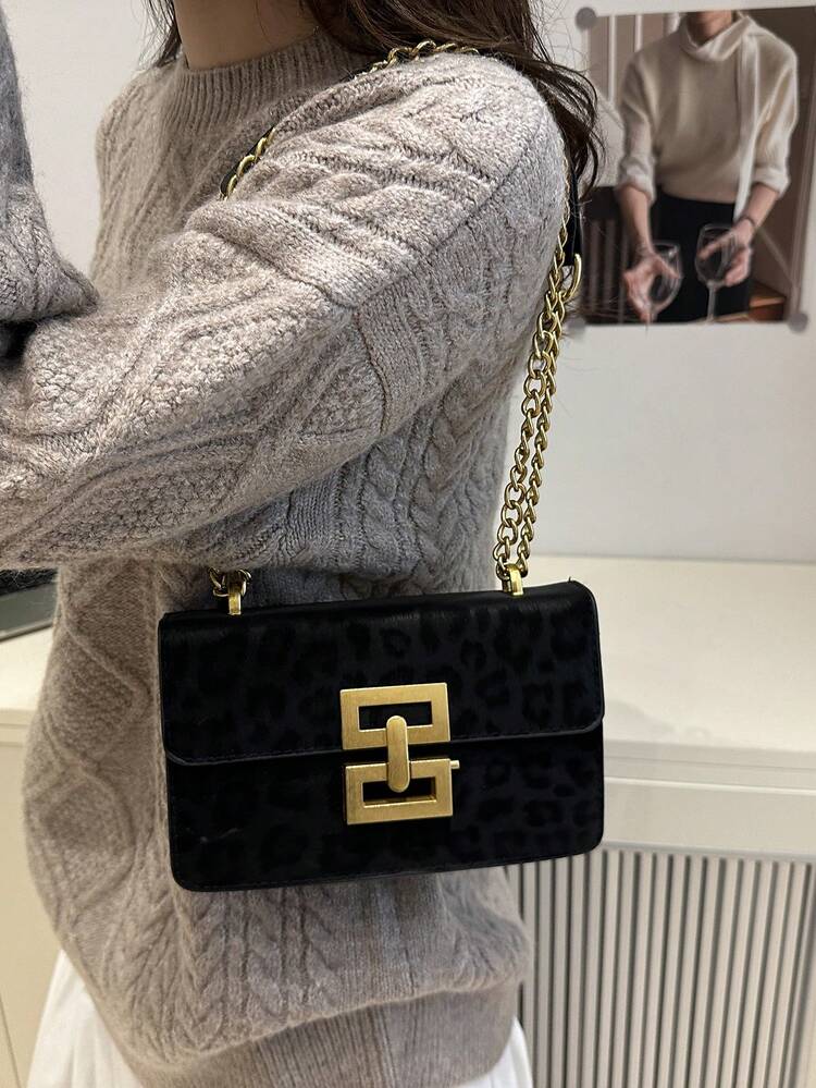 Bolso de hombro de mujer con estampado floral vintage y correa de cadena, bolso cuadrado con solapa de diseño clásico y cierre dorado (tela floral versátil, adecuado para damas elegantes) - Negro - Añade 3