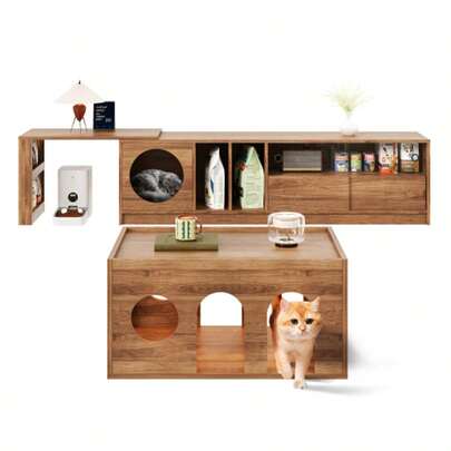 Pet-Friendly Walnut Coffee Table With Cat Holes, 80*50*40 Cm, Natural Walnut Finish – Perfect For Modern Living Rooms And Human-Pet Interaction
