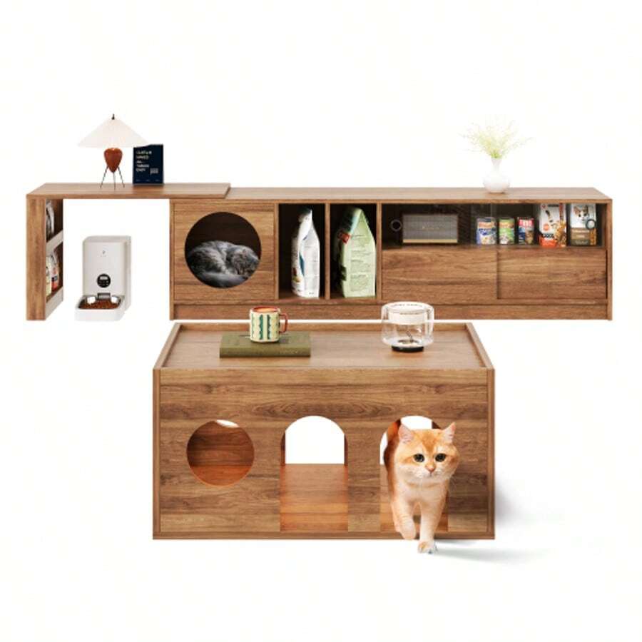 Pet-Friendly Walnut Coffee Table With Cat Holes, 80*50*40 Cm, Natural Walnut Finish – Perfect For Modern Living Rooms And Human-Pet Interaction - Walnut + MDF+Glass - View 1