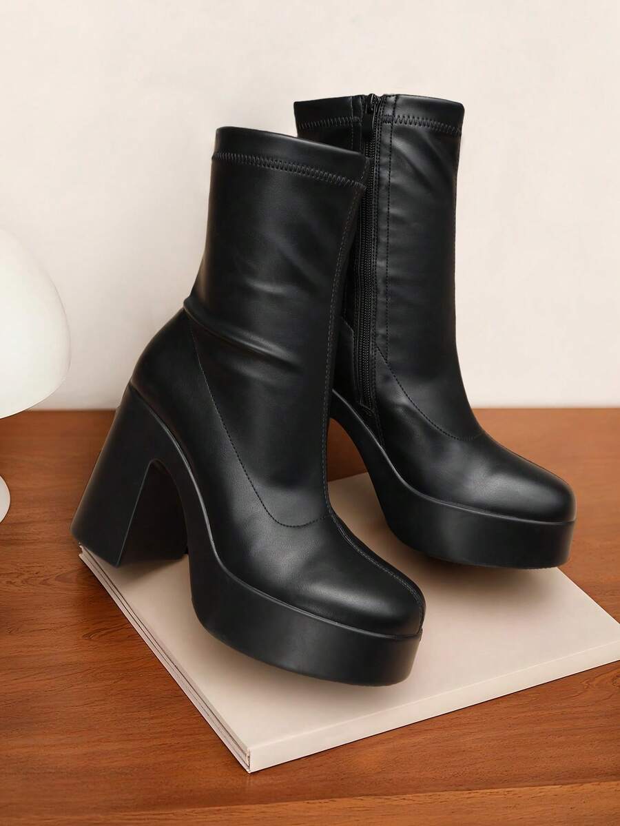 Women's Chunky Platform Ankle Boot High Block Heels Square Toe Lightweight Comfort Party Dress Booties Shoes For Women Women's Chunky Platform Ankle Boot High Block Heels Square Toe Lightweight Comfort Party Dress Booties Shoes For Women - 黑色 - 查看 1