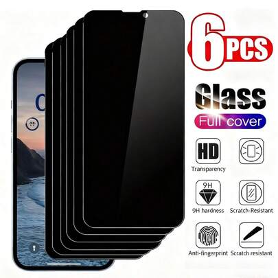 6PCS Anti-Spy Privacy Smartphone Screen Protector Scratch Resistant Tempered Glass Full Coverage Glass Flim Compatible With IPhone17 16 15 14 13 12 11 Pro Max XR X XS Max Plus Anti-Fingerprint Phone Protective Anti Spy Glass Mobile Screen Protector Film