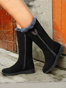 Women's Winter Mid - Calf Boots, Comfortable & Warm, Suede With Faux Fur Collar, Stylish & Versatile Snow Boots - Black - View 4