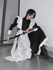 中性の風格の男のメイドの服-フリルの長い款のエプロン、甘いクールな風の黒のタートルネックのシャツとレースのエプロン机は洗濯することができて、適して、テーマのパーティー、アニメの展示会に着て着て、エプロン、精致の裁縫、構造は設計を製造して、男のメイドの服の大きいサイズのコスプレ女装男のカフェの実体の店の招待員の制服です - ブラック&ホワイト - チェックする 2