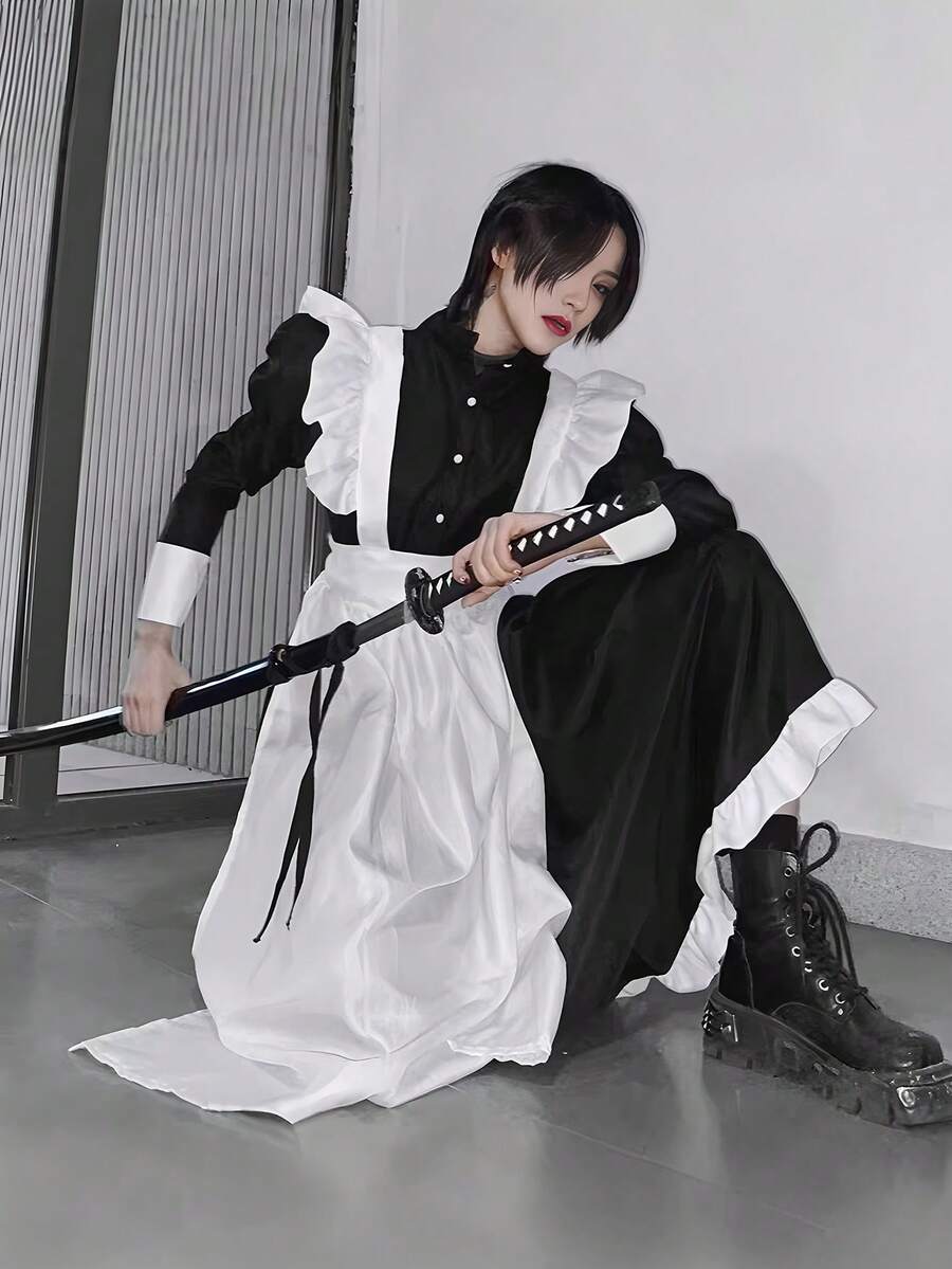 中性の風格の男のメイドの服-フリルの長い款のエプロン、甘いクールな風の黒のタートルネックのシャツとレースのエプロン机は洗濯することができて、適して、テーマのパーティー、アニメの展示会に着て着て、エプロン、精致の裁縫、構造は設計を製造して、男のメイドの服の大きいサイズのコスプレ女装男のカフェの実体の店の招待員の制服です