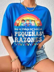 Camiseta Suelta de Moda Impresa, Regreso A Clases Divertido Niños Camiseta Gráfica , Prenda Básica de Temporada para Mujer Moderna - Azul - Ver 1