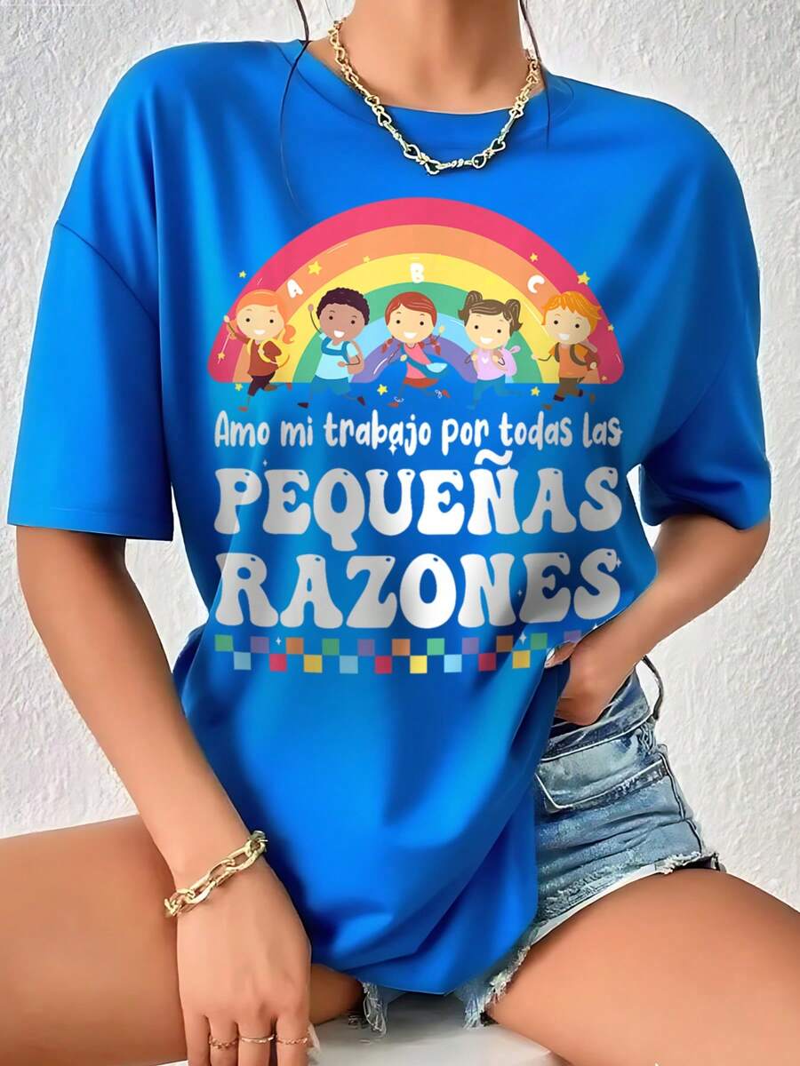 Camiseta Suelta de Moda Impresa, Regreso A Clases Divertido Niños Camiseta Gráfica , Prenda Básica de Temporada para Mujer Moderna - Azul - Ver 1