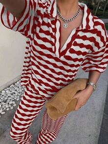 Knit Mix Women's Knit Set Casual Elegant Striped Collar Top And Long Pants Two Pieces Back To School Autumn Winter Fall Women Clothes,Suitable For Christmas, Thanksgiving, And New Year (Random Stripe Pattern)