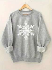 Hoodies For Womenhoodies For WomenWomen's Christmas Snowflake Print Crewneck Sweatshirt, Casual Polyester Knit Pullover, Suitable For Autumn And Winter - White And Navy Off-The-Shoulder Cropped TopLoose And Comfortableed Hardy Clothes Topsed Hardy Clothes Tops - 灰色的 - 查看 7