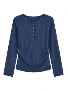 女士二合一抓绒针织打底衫，修身蕾丝边短款上衣，秋冬款 - 藏蓝色 - 查看 3