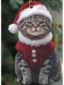 Charming Acrylic Cat With Santa Hat Christmas Ornament - Festive Animal Themed Tree Pendant, Holiday Hanging Decor For Home, Car, Birthday, Party Gifts, Non-Electric Accessory No Battery Needed - Multicolor - View 1