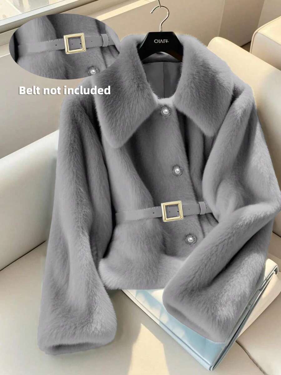 New Solid Color Plush Lapel Button Front Cardigan For Women, Elegant & Cute, Suitable For Outings, Gatherings, Travel, Commuting, Office, Dates, Daily Wear, Also Can Be Worn As Christmas, Halloween Costume (Belt Not Included)