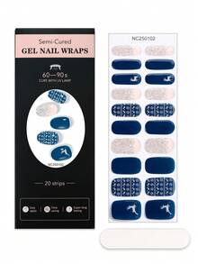 20pcs Semi-Cured Gel Nail Stickers, Create Winter Christmas Atmosphere, Crystal Nail Stickers, Exquisite Navy Blue Snowflake & Reindeer Glitter Design, Self-Adhesive Full Nail Stickers, Require UV Lamp, Easy To Apply And Remove, Suitable For Women And Girls' Christmas Party, Date And DIY Manicure Nails - Navy Blue - View 5