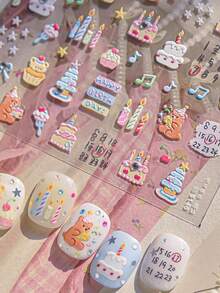 1 Schleife süße Happy Birthday Kuchen Nagelkunst Sticker, beinhaltet Teddybär, Kerze, Zahlen, Desserts, Sterne, Fliege und Strass, 5D stereoskopische Nail Decals, selbstklebend, geeignet für Frauen Feiertags-DIY Maniküre - Verschiedenfarbig - Übersicht 2
